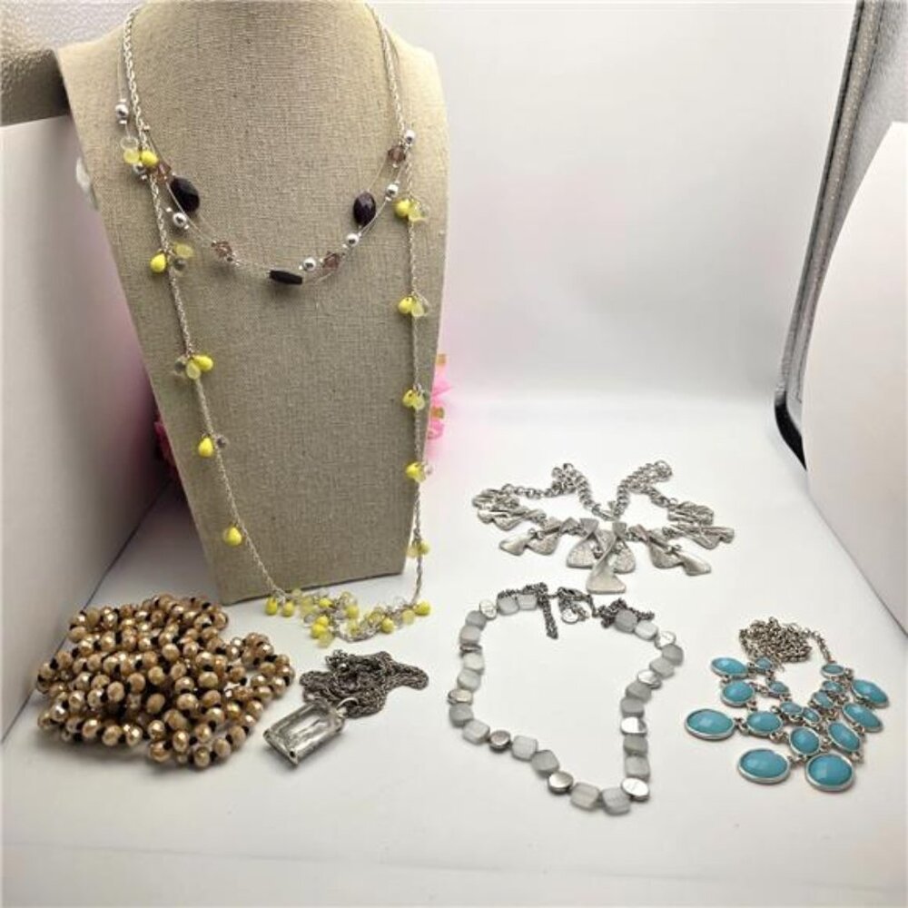 Necklace Lot 7 Talbots Sao New York & Co C1946 Unsigned Silver Tone Crystal